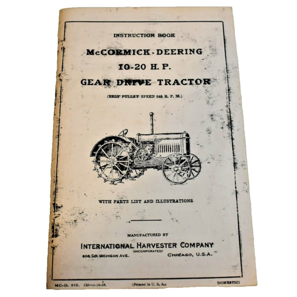 1929 McCormick Deering 10-20 HP Gear Drive Tractor Manual Instruction Book